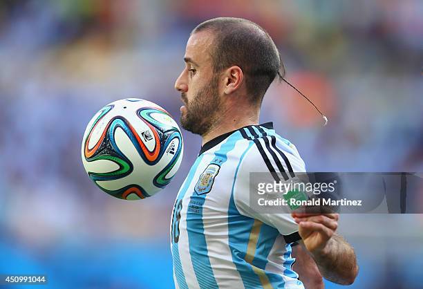 Rodrigo Palacio of Argentina controls the ball during the 2014 FIFA World Cup Brazil Group F match between Argentina and Iran at Estadio Mineirao on...