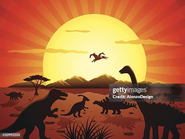 ilustraciones, imágenes clip art, dibujos animados e iconos de stock de jurassic escena - jurásico