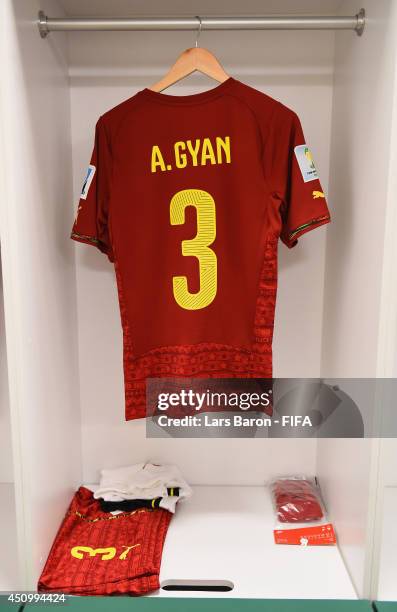The shirts worn by Asamoah Gyan of Ghana hang in the dressing room prior to the 2014 FIFA World Cup Brazil Group G match between Germany and Ghana at...