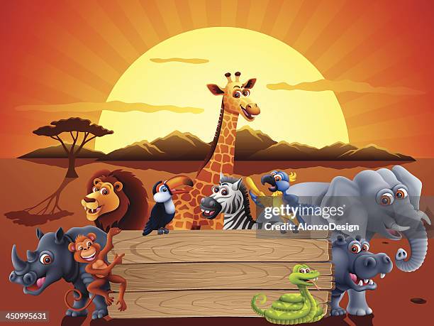safari animals and a sunset behind a wood sign - jungle tree cartoon stock illustrations