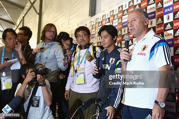 Japan head coach Alberto Zaccheroni speaks to the media after closing a Japan training session at the Japan national team base camp at the Spa Sport...