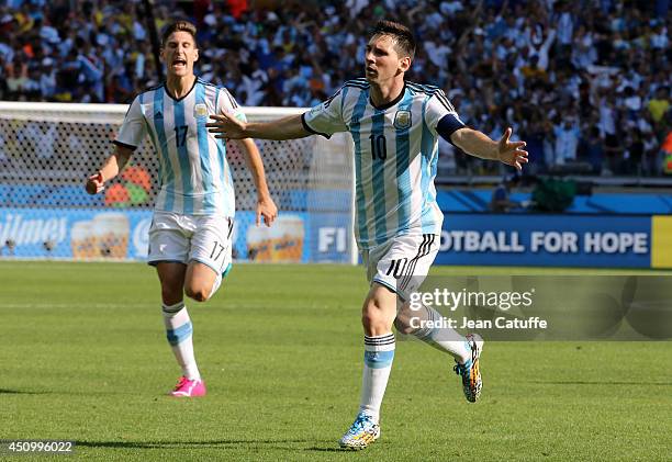 Lionel Messi of Argentina celebrates his goal during the 2014 FIFA World Cup Brazil Group F match between Argentina and Iran at Estadio Mineirao on...