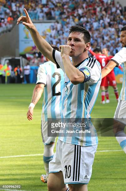 Lionel Messi of Argentina celebrates his goal during the 2014 FIFA World Cup Brazil Group F match between Argentina and Iran at Estadio Mineirao on...