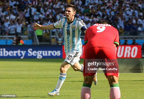 Lionel Messi of Argentina celebrates his goal during the 2014 FIFA World Cup Brazil Group F match between Argentina and Iran at Estadio Mineirao on...