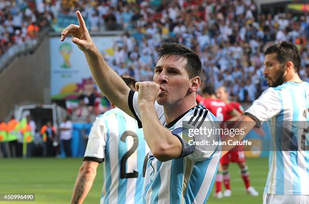 Lionel Messi of Argentina celebrates his goal during the 2014 FIFA World Cup Brazil Group F match between Argentina and Iran at Estadio Mineirao on...