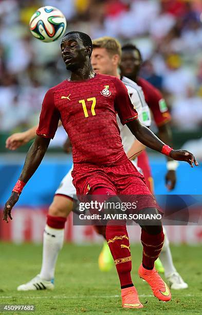Ghana's midfielder Mohammed Rabiu heads the ball during a Group G football match between Germany and Ghana at the Castelao Stadium in Fortaleza...