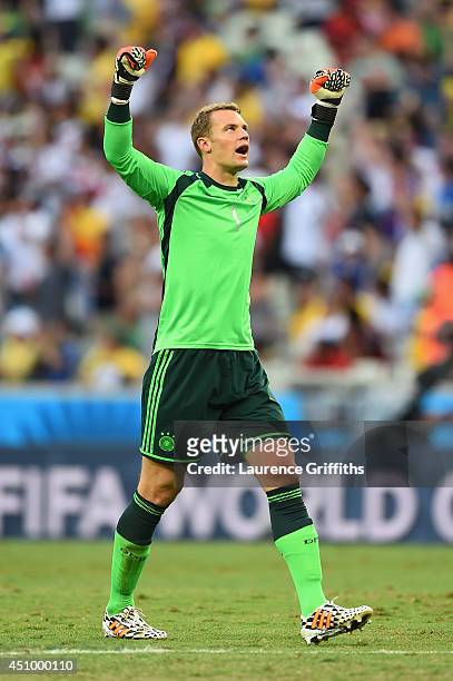 Manuel Neuer of Germany celebrates his team's first goal during the 2014 FIFA World Cup Brazil Group G match between Germany and Ghana at Castelao on...