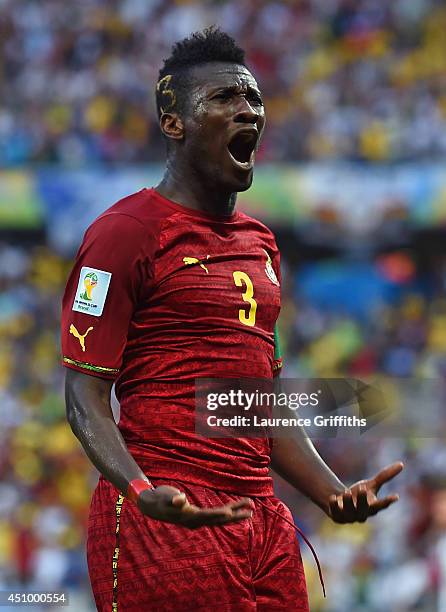 Asamoah Gyan of Ghana celebrates scoring his team's second goal during the 2014 FIFA World Cup Brazil Group G match between Germany and Ghana at...