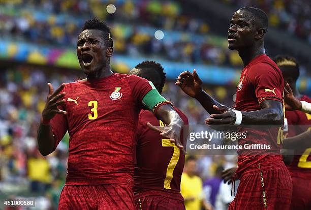 Asamoah Gyan of Ghana celebrates scoring his team's second goal during the 2014 FIFA World Cup Brazil Group G match between Germany and Ghana at...