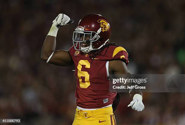 Safety Josh Shaw of the USC Trojans celebrates against the Stanford Cardinal at Los Angeles Coliseum on November 16, 2013 in Los Angeles, California.