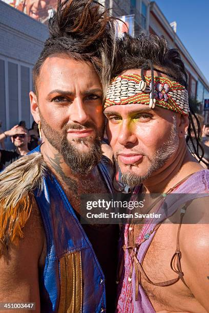 Two men at the annual Folsom Street Fair in San Francisco. The Folsom Street Fair is an annual fetish, BDSM and leather subculture street fair held...