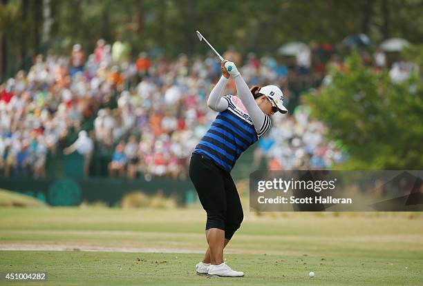 Amy Yang of South Korea hits her tee shot on the 15th hole during the third round of the 69th U.S. Women's Open at Pinehurst Resort & Country Club,...