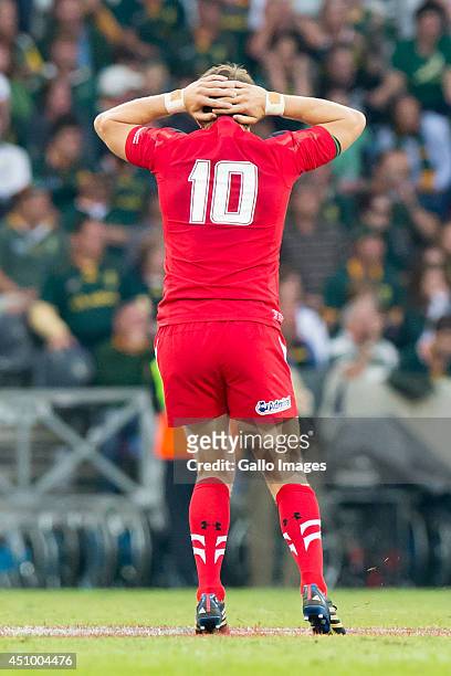 Dan Biggar of Wales after missing a drop kick to win the game during the 2nd test match between South Africa and Wales at Mbombela Stadium on June...