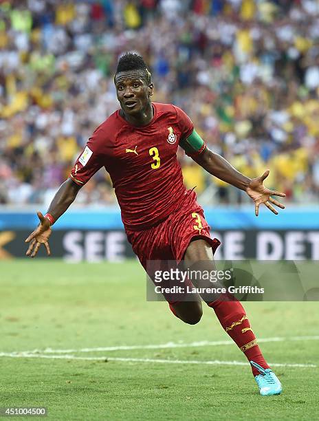 Asamoah Gyan of Ghana celebrates scoring his team's second goal during the 2014 FIFA World Cup Brazil Group G match between Germany and Ghana at...