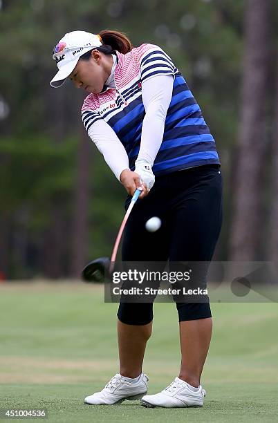 Amy Yang of South Korea hits a tee shot on the 18th hole during the third round of the 69th U.S. Women's Open at Pinehurst Resort & Country Club,...