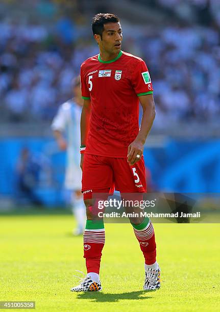 Amir Hossein Sadeghi of Iran looks on during the 2014 FIFA World Cup Brazil Group F match between Argentina and Iran at Estadio Mineirao on June 21,...