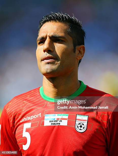 Amir Hossein Sadeghi looks on during the 2014 FIFA World Cup Brazil Group F match between Argentina and Iran at Estadio Mineirao on June 21, 2014 in...