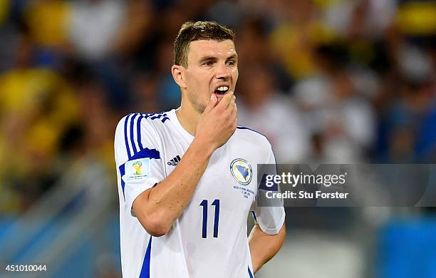 Edin Dzeko of Bosnia and Herzegovina looks dejected after a 1-0 defeat in the 2014 FIFA World Cup Group F match between Nigeria and...