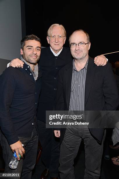 Oscar Isaac, T-Bone Burnett and Steve Pond attend a screening and Q & A of "Inside Llewyn Davis" at the Landmark Theater on November 20, 2013 in Los...