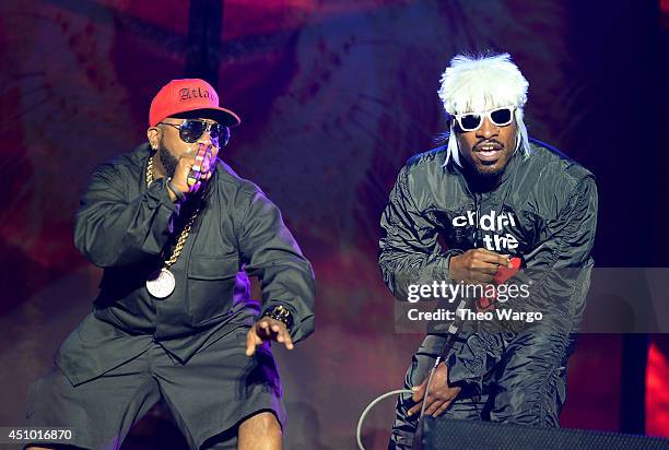 Big Boi and Andre 3000 of Outkast perform onstage during day 3 of the Firefly Music Festival on June 21, 2014 in Dover, Delaware.