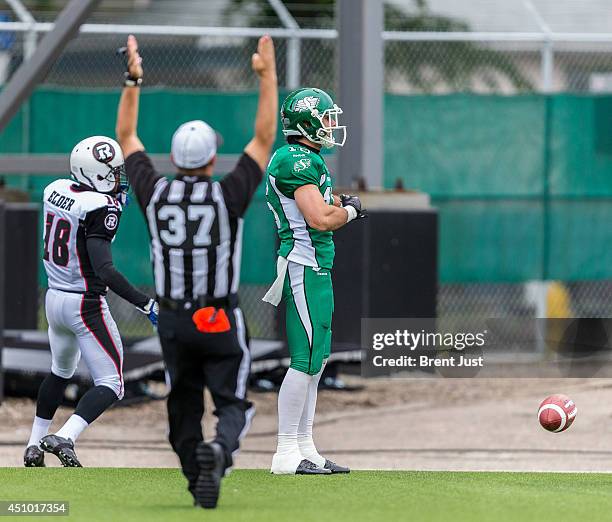 Brett Swain of the Saskatchewan Roughriders celebrates one of his two touchdowns during pre-season week B of the 2014 CFL season in a game between...