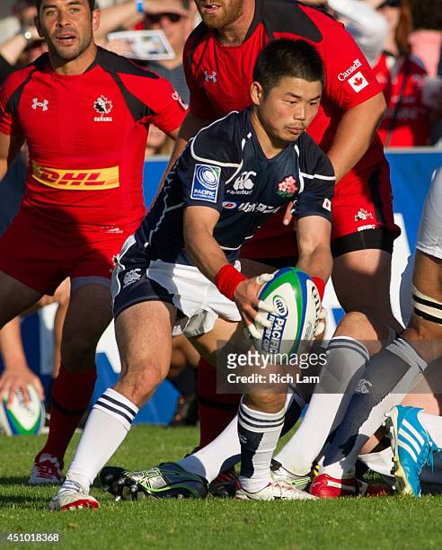Fumiaki Tanaka of Japan runs with the ball in Pacific Nations Cup Rugby action against Canada on June 7, 2014 at Swanguard Stadium in Burnaby,...