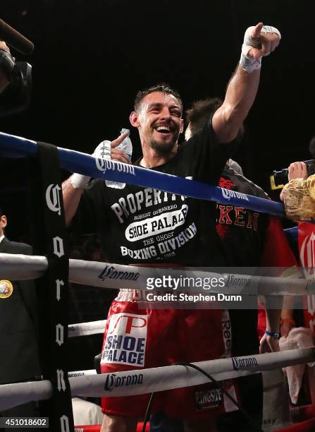 Robert Guerrero celebrates after fighting Yoshihiro Kamegai in their welterweight bout at StubHub Center on June 21, 2014 in Los Angeles, California....