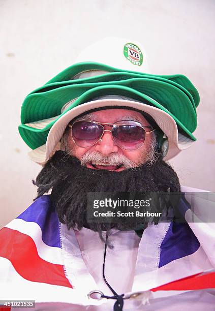 Barmy Army member poses during day one of the First Ashes Test match between Australia and England at The Gabba on November 21, 2013 in Brisbane,...