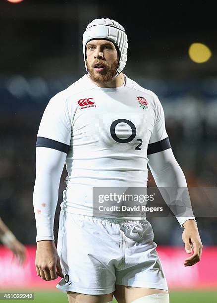 Dave Attwood of England looks on during the International Test match between the New Zealand All Blacks and England at Waikato Stadium on June 21,...