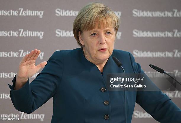 German Chancellor Angela Merkel speaks at the Sueddeutsche Zeitung leadership conference on November 21, 2013 in Berlin, Germany. The conference runs...