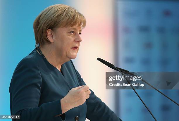 German Chancellor Angela Merkel speaks at the Sueddeutsche Zeitung leadership conference on November 21, 2013 in Berlin, Germany. The conference runs...