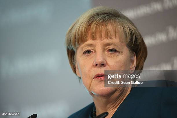 German Chancellor Angela Merkel speaks at the Sueddeutsche Zeitung leadership conference on November 21, 2013 in Berlin, Germany. The conference runs...