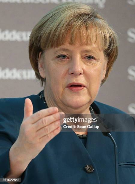 German Chancellor Angela Merkel speaks at the Sueddeutsche Zeitung leadership conference on November 21, 2013 in Berlin, Germany. The conference runs...