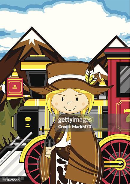 cowgirl & wild west train scene - poncho stock illustrations