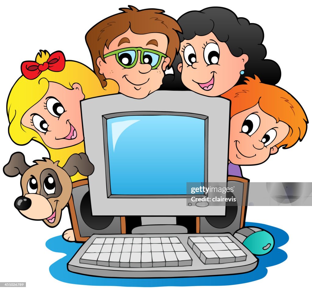 Dog Ausing Computer Cartoon Computer With Cartoon Kids And Dog High-Res Vector Graphic - Getty Images