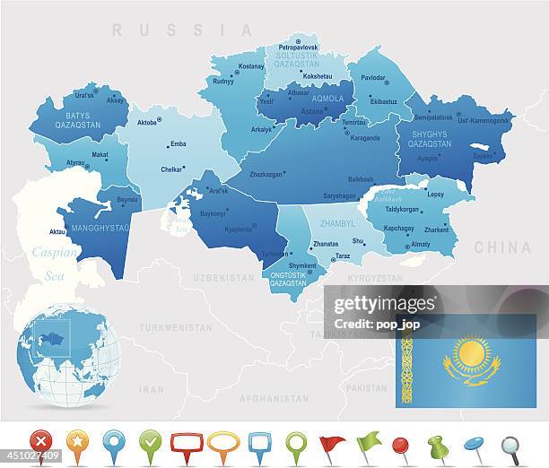 map of kazakhstan - states, cities, flag and icons - aral sea stock illustrations