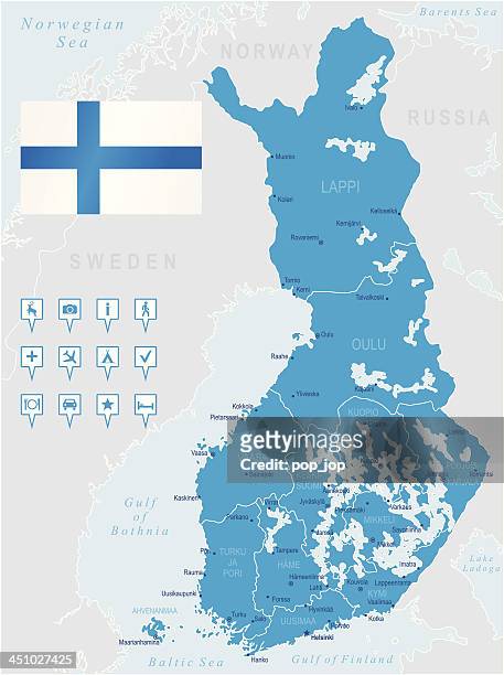 stockillustraties, clipart, cartoons en iconen met map of finland - states, cities, flag, navigation icons - tampere finland