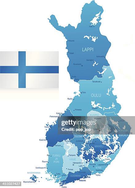 karte von finnland-staaten, städte und flagge - helsinki stock-grafiken, -clipart, -cartoons und -symbole
