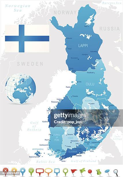 ilustraciones, imágenes clip art, dibujos animados e iconos de stock de mapa de finlandia a los estados, las ciudades, bandera y los iconos - mar noruego