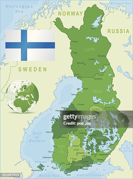 green map of finland - states, cities and flag - finland map stock illustrations