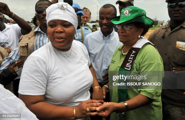 Liberia's joint Nobel Peace Prize 2011 Leymah Gbowee meets President Ellen Johnson Sirleaf , the country's presidential candidate on October 9, 2011...