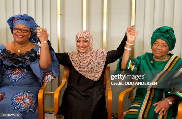 The 2011 Nobel Peace Prize laureates, Liberian President Ellen Johnson Sirleaf , Liberian activist Leymah Gbowee and human rights activist Tawakkol...