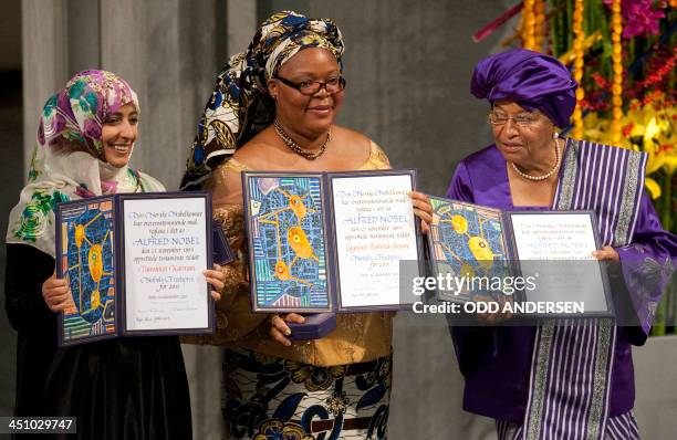 The 2011 Nobel Peace Prize laureates, Liberian President Ellen Johnson Sirleaf , Liberian peace activist Leymah Gbowee and Yemeni activist Tawakkol...