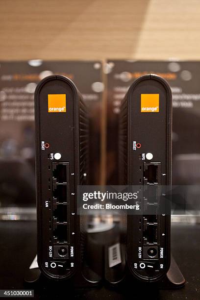 The Orange SA logo sits on Liveplug wi-fi duo routing devices inside  News Photo - Getty Images