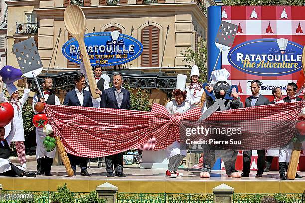 Eurodisney president Philippe Gas and chairman of the Walt Disney Company Robert A Iger and chairman of Walt Disney Parks and Resorts Tom Staggs...