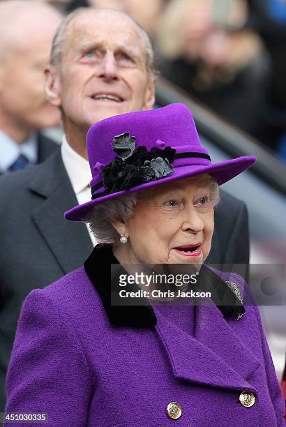 Queen Elizabeth II and Prince Phillip, Duke of Edinburgh visit Southwark Cathedral on November 21, 2013 in London, England.