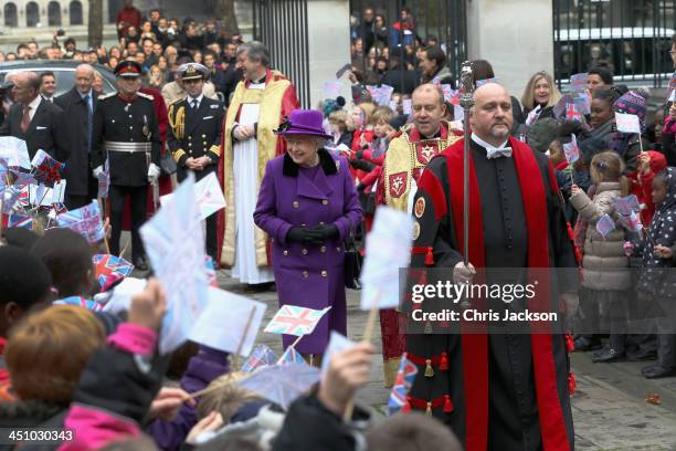 Queen Elizabeth II and Prince Phillip, Duke of Edinburgh visit Southwark Cathedral on November 21, 2013 in London, England.