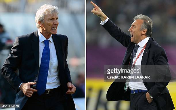 Combination of file images created on June 22, 2014 shows Colombia's football team coach, Argentine Jose Pekerman gesturing during their Brazil 2014...