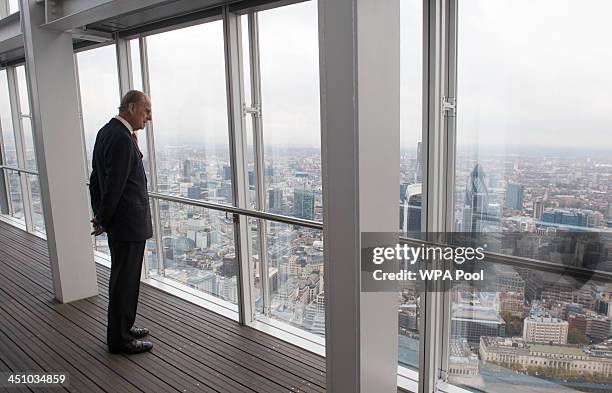 Prince Philip, Duke Of Edinburgh during his visit to The Shard on November 21, 2013 in London, England. Prince Philip, Duke Of Edinburgh met young...