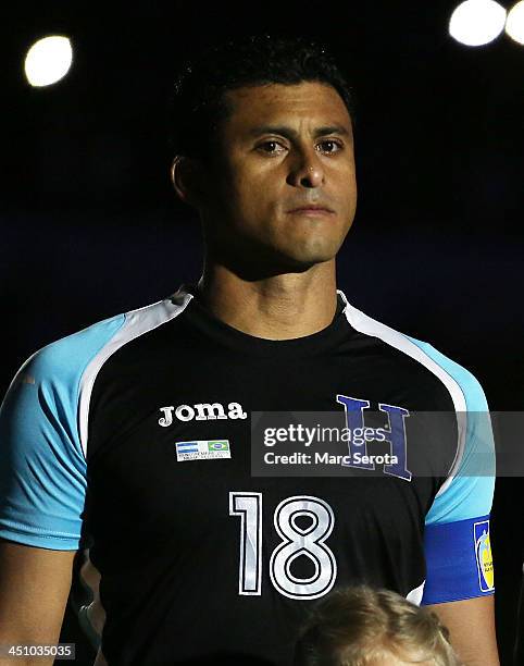 Noel Valladares of Honduras during the National Anthem of a friendly between Brazil and Honduras at Sun Life Stadium on November 16, 2013 in Miami...